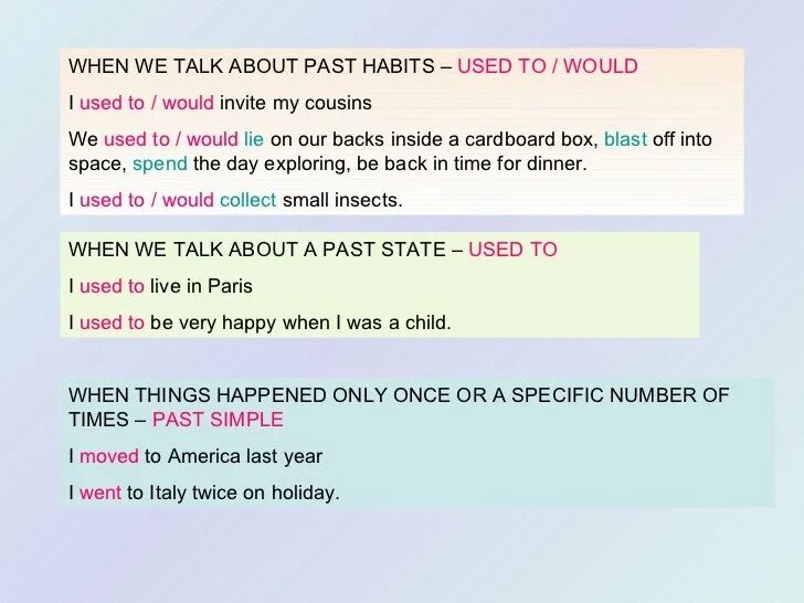 I would like to talk about. Used to would правило. Употребление used to и would. Used to упражнения. Past simple used to правило.