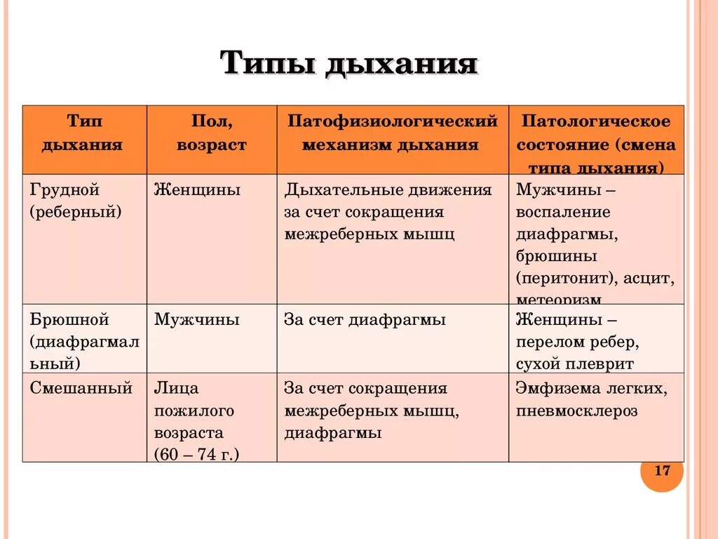 Грудной тип дыхания характерен для. Типы дыхания у человека таблица. Основные типы дыхания у человека. Характеристика типов дыхания. Тип дыхания в норме.