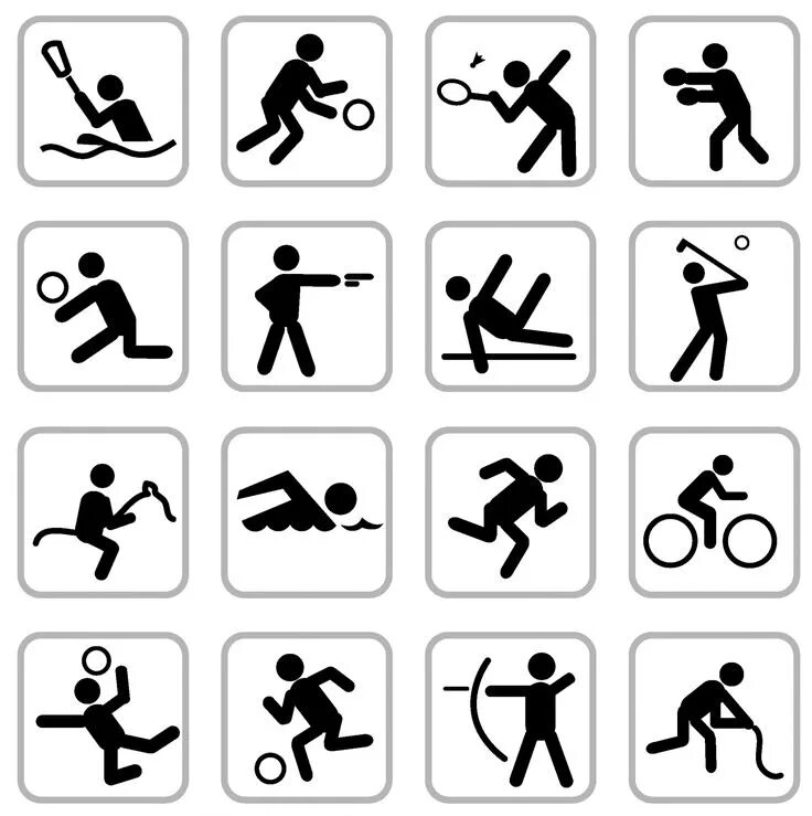 Sports icons. Значки видов спорта. Схематическое изображение видов спорта. Пиктограммы видов спорта. Спортивные знаки.