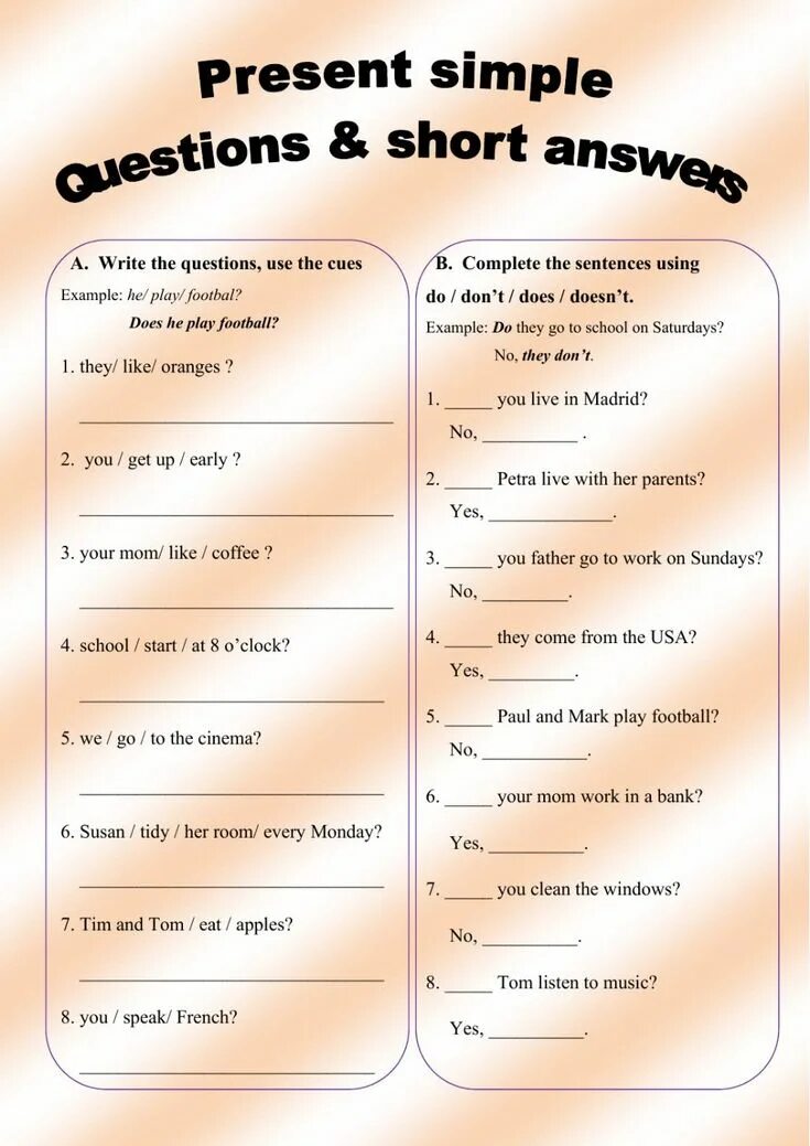 Form questions in the simple present. Present simple questions and short answers. present simple questions and answers. present simple short answers exercises. questions and short answers.