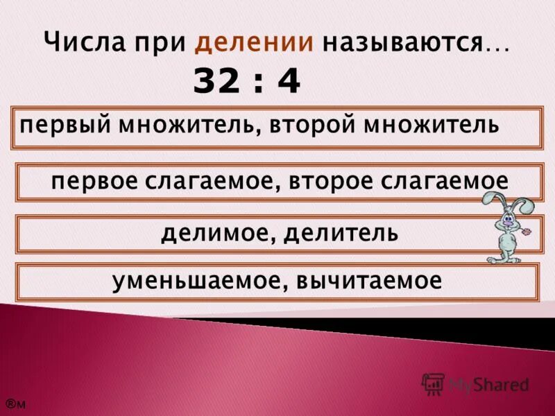 Произведение множитель слагаемое. Числа при умножении называются. Название чисел при делении. Слагаемое вычитаемое множитель. Как называются числа при делении.