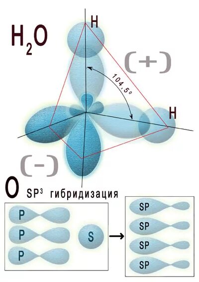 Гибридизация воды sp3. Sp3 гибридизация воды. Тип гибридизации в молекуле воды. Пространственное перекрывание орбиталей h2o. Строение молекулы воды гибридизация.