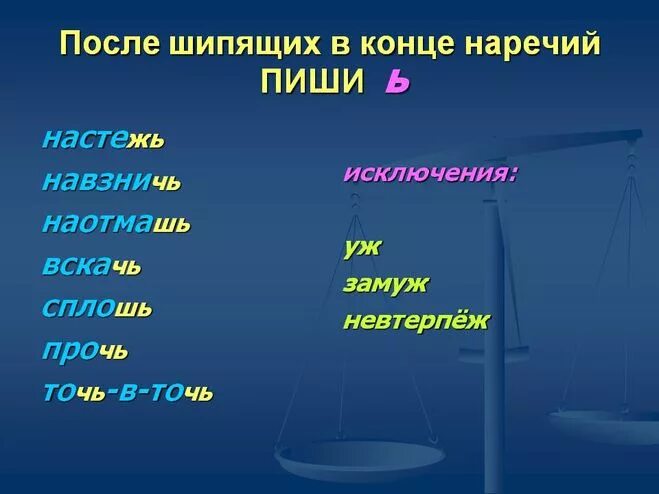 Невтерпеж исключение. Ь знак в наречиях после шипящих правило. Мягкий знак после шипящих на конце наречий. Наречия с мягким знаком. Мягкий знак послешипяших на конце наречий(.