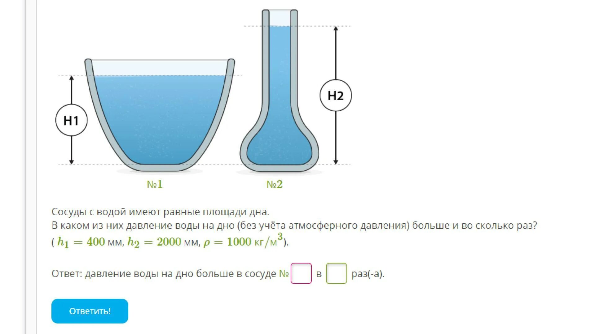 Сосуд с водой. Давление воды в сосуде. Сосуды с водой имеют равные площади. Давление воды на дно. Падение сосуда с водой