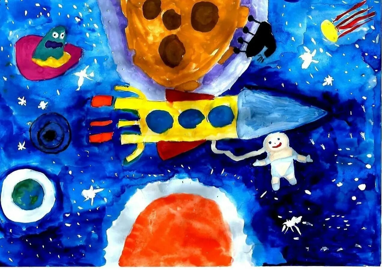День космонавтики для детей 1 класса. Космос рисунок для детей. Рисование для детей космос. Детские рисунки на тему космос. Рисование в детском саду путешествие в космос.