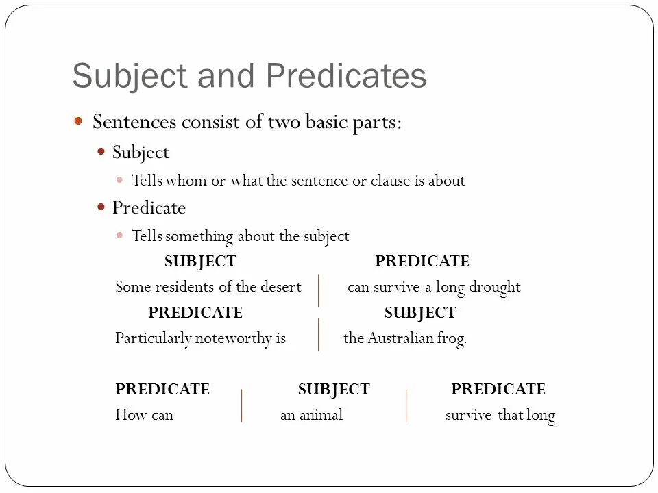 Sentence piece. Subject and Predicate. Subject Predicate Agreement. Subject of the sentence. The Type of the subject and the Predicate.