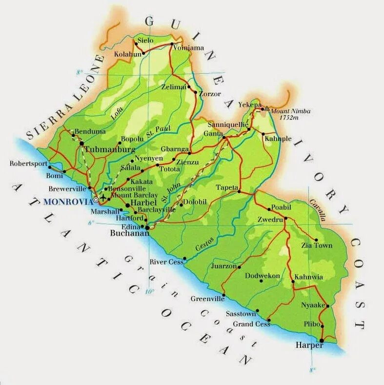 Либерия на карте. Физическая карта Либерии. Географическая карта Либерии. Либерия политическая карта.