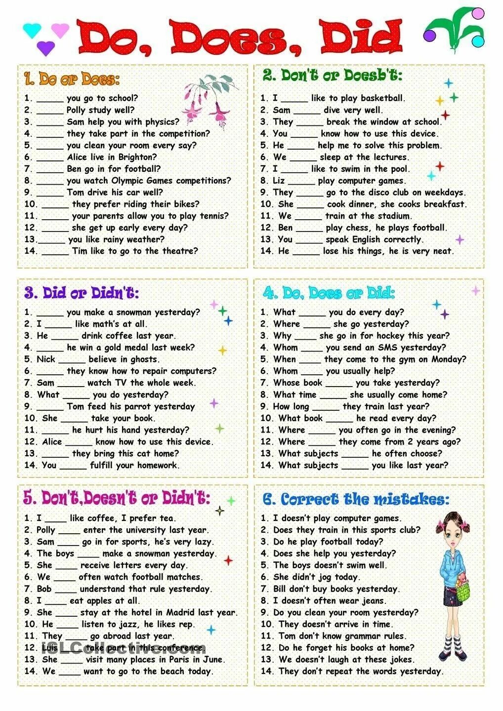 He didn t has or have. Do does did Worksheets. Do does упражнения Worksheet. Worksheets грамматика. Do does в английском языке Worksheets.