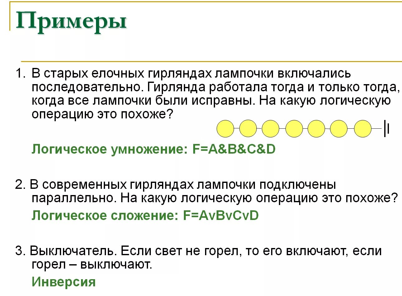 В елочной гирлянде последовательно включают несколько ламп. Связь алгебры логики и двоичного кодирования.. Аналогичная логика. Аналогичная логика примеры юмора.