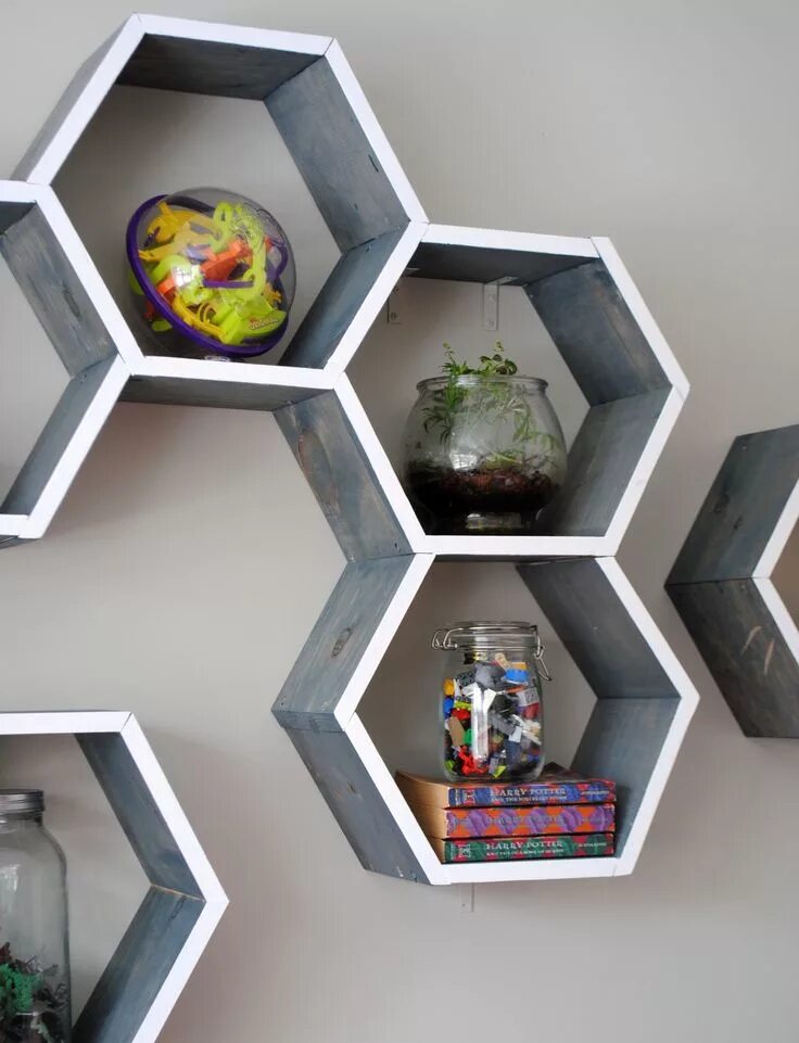 Set of 6 Medium 2 Deep Hexagon Shelves, Honeycomb Shelves, Floating Shelves, Geo