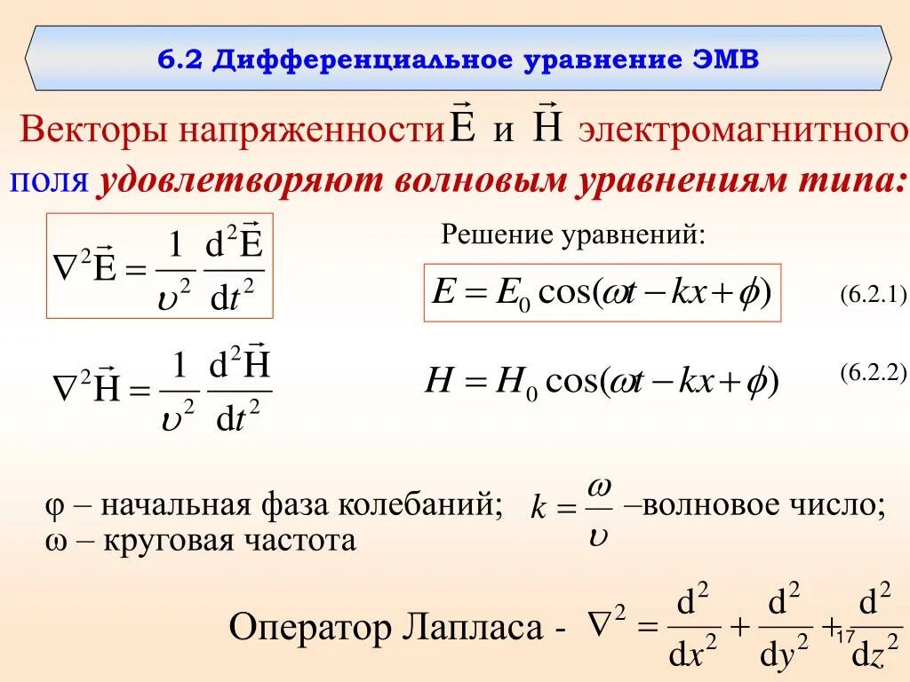 Уравнение напряженности бегущей волны. Дифференциальное уравнение электромагнитной волны. Волновое уравнение электромагнитной волны. Волновое уравнение для плоской электромагнитной волны. Волновое уравнение для электромагнитного поля формула.