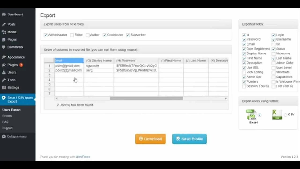 WORDPRESS загрузка товаров CSV. Export xls. Плагин Export Import from excel Revit. Simple CSV/xls Exporter. Export users