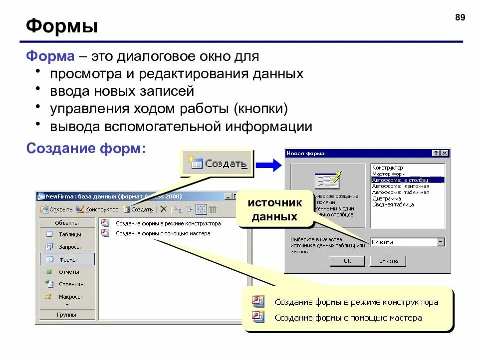 Ввод и просмотр данных. Проектирование структуры базы данных субд ms access 2013. укажите источник данных для формы access. окно база данных в access. запрос в ms access, генерирующий диалоговое окно:.