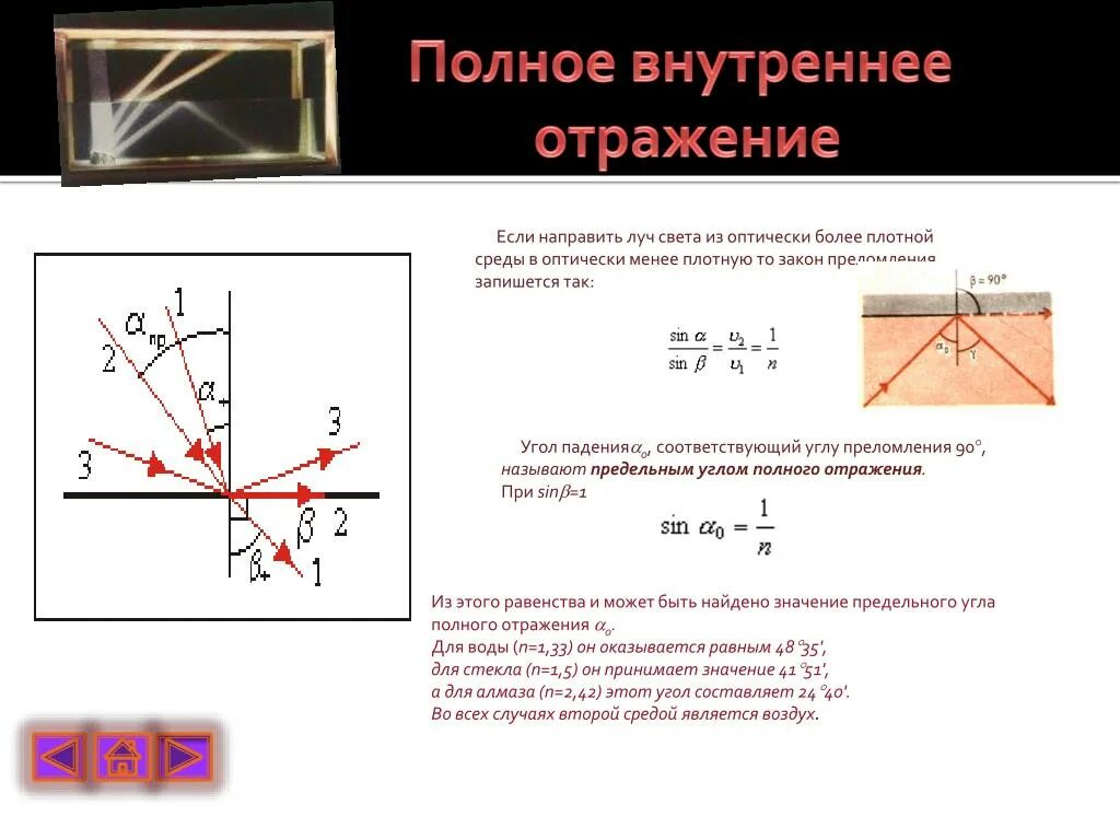 Явление полного отражения света от оптически. Полное внутреннее отражение формула. Полное внутреннее отражение и отражение. Закон полного внутреннего отражения света. Внутреннее отражение света.