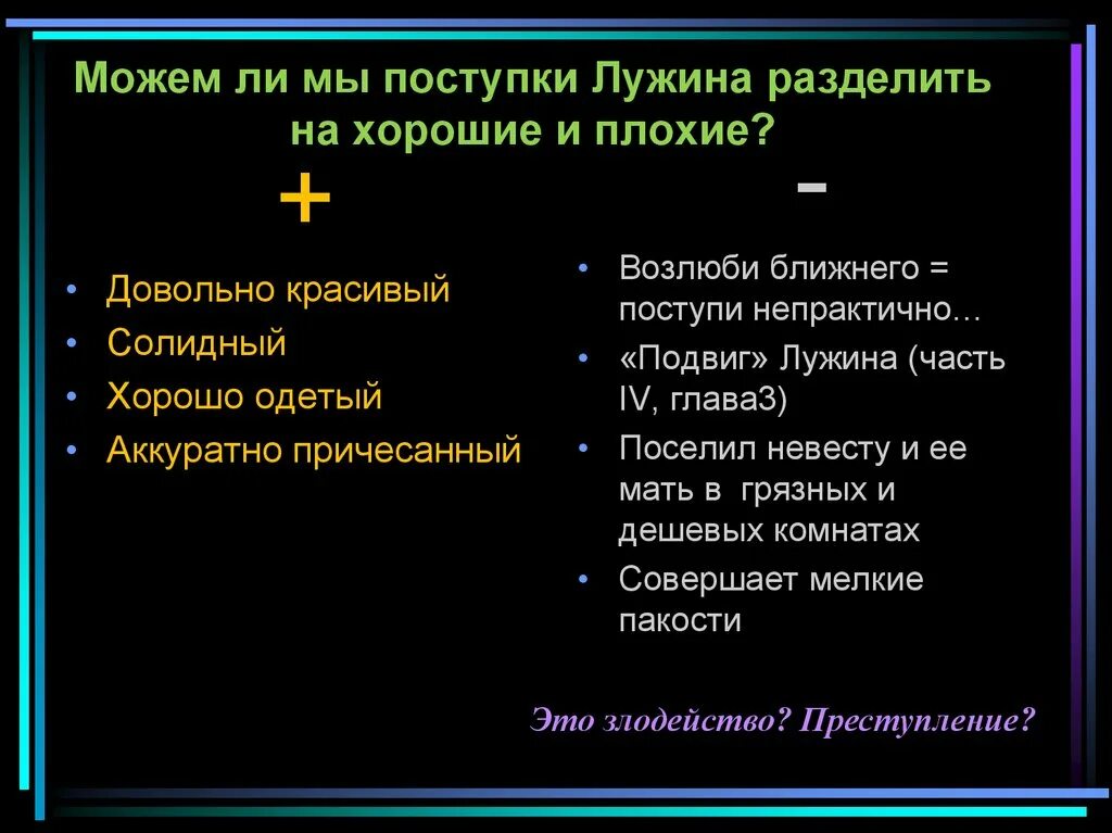 Можно ли разделить. Лужин хорошие и плохие поступки. Поступки Лужина. Хорошие поступки Лужина. Лужин хорошие поступки.