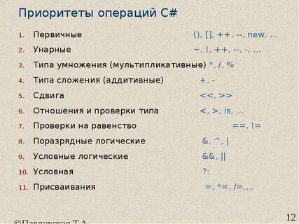 Бинарные и унарные операции