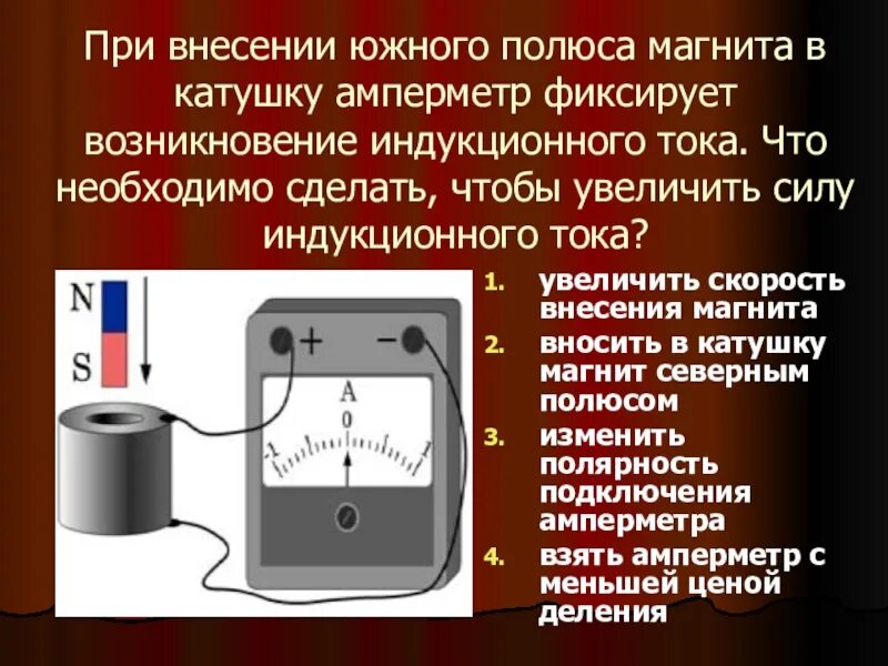 Амперметр с катушкой индуктивности. Внесение магнита в катушку южным полюсом. Внесение магнита в катушку. Вносим магнит в катушку южным полюсом. При внесении магнита в катушку.