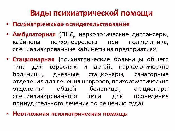 Виды психиатрической помощи. Организация психиатрической помощи. Формы оказания психиатрической помощи. Основные принципы организации психиатрической помощи.