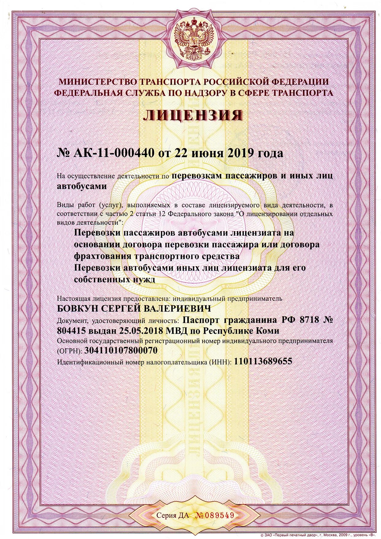 Предоставления лицензии индивидуальному предпринимателю