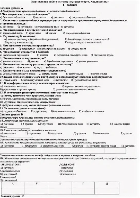 Контрольная работа по биологии по теме анализаторы. Контрольная работа по биологии по теме анализаторы