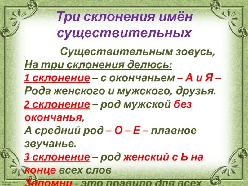 Существительным зовусь на три склонения делюсь. Трое склонение. Стих про склонение имен существительных.