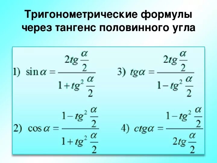 Тангенс половинного угла формула через тангенс. Синус косинус тангенс половинного угла формулы. Выражение тригонометрических функций через тангенс половинного. Формула половинного аргумента синуса и косинуса через тангенс.