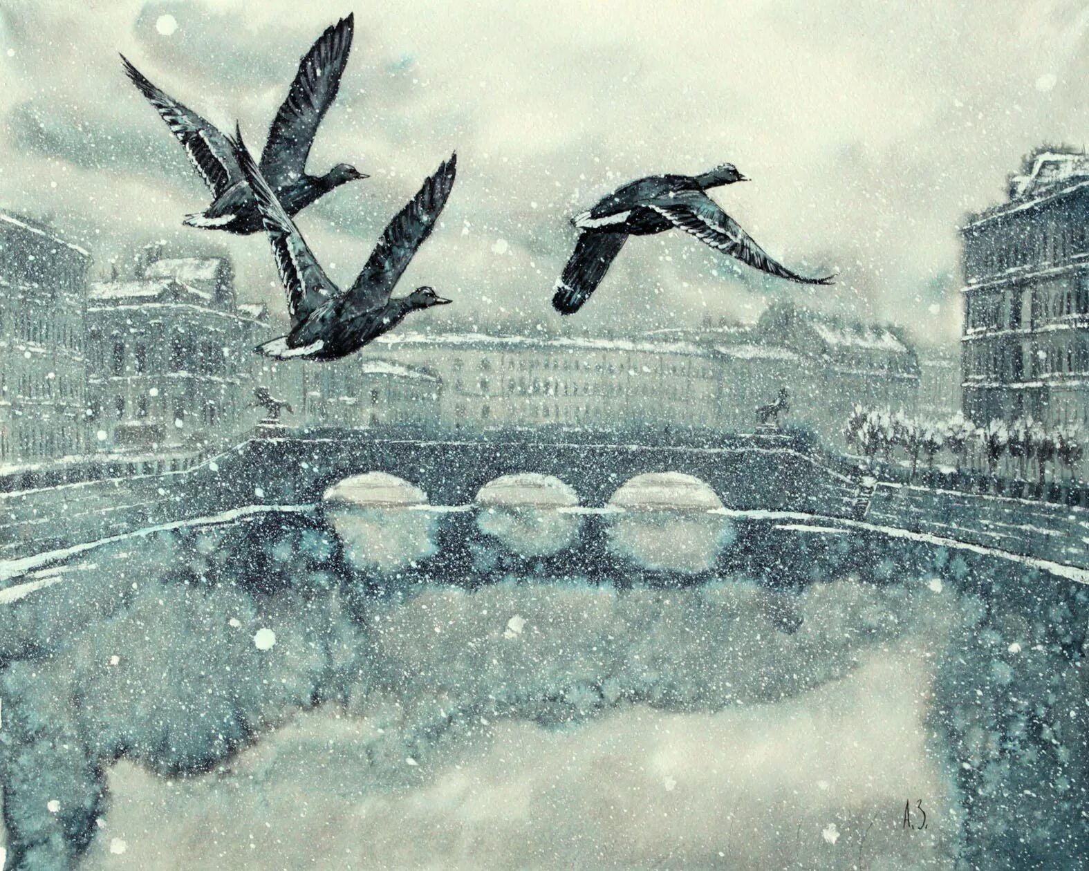 Зима пролетели года песня. Графика современных художников. Птицы над городом зима.