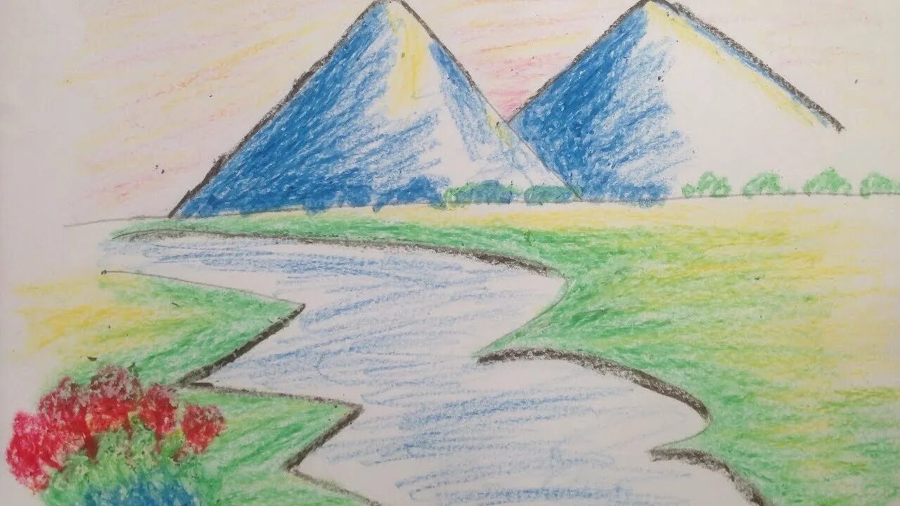 Легкие горы тема. Летний пейзаж цветными карандашами. Пейзаж цветными карандашами для детей. Легкие пейзажи. Пейзаж легкий для детей.