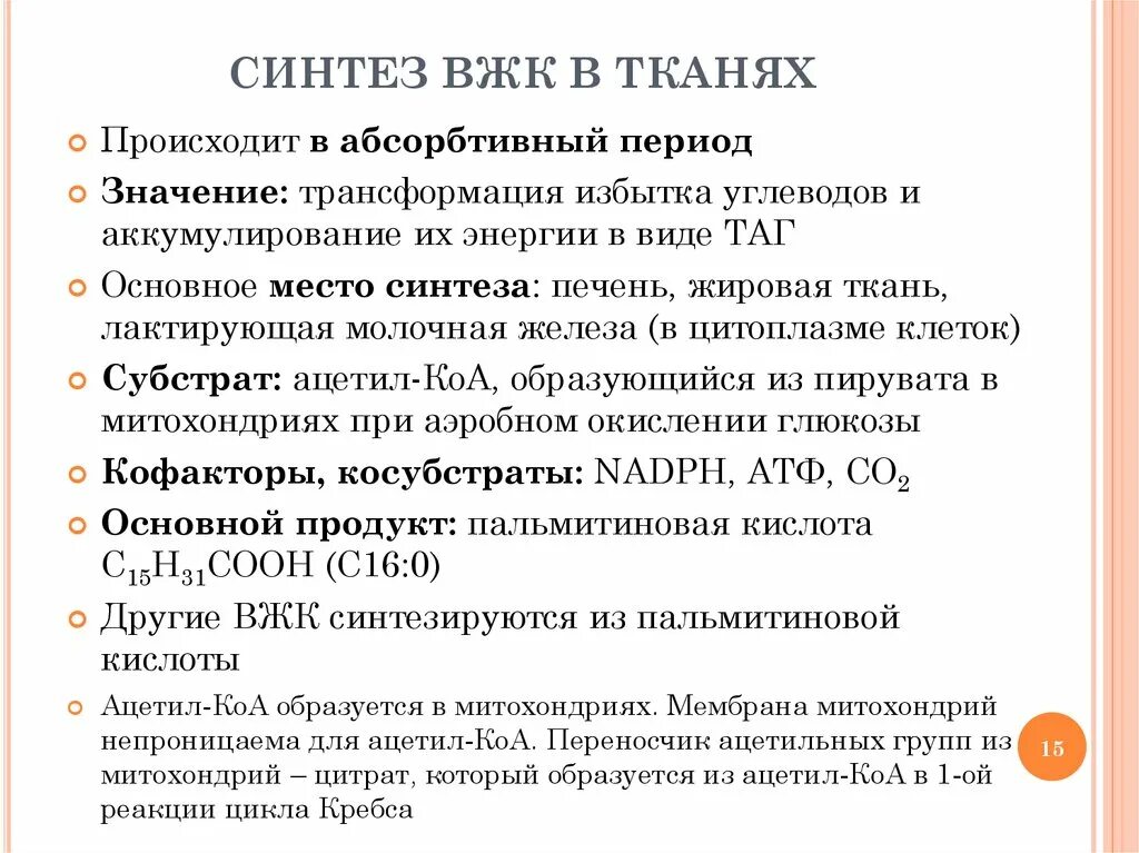 Синтез вжк. Биосинтез высших жирных кислот. Ключевая реакция синтеза ВЖК. Основные этапы синтеза ВЖК.