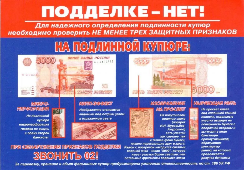Как проверить пять тысяч рублей. Как определить фальшивую купюру 5000. Буклет о фальшивых деньгах. Признаки подделки денежных. Образец фальшивых купюр.