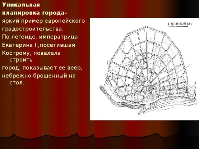 Улицы расположены в виде веера золотого кольца. План Костромы веера Екатерины 2. Кострома планировка города. Город планировка веер. Веерная планировка города.