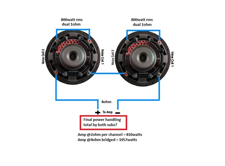 Динамики 2 почему. Схема подключения 2 сабвуферов 2+2. Схема подключения сабвуфера 2+2 в 4 ом. Динамик в 2 Ома саб. Схема подключения сабвуфера в 2 Ома.