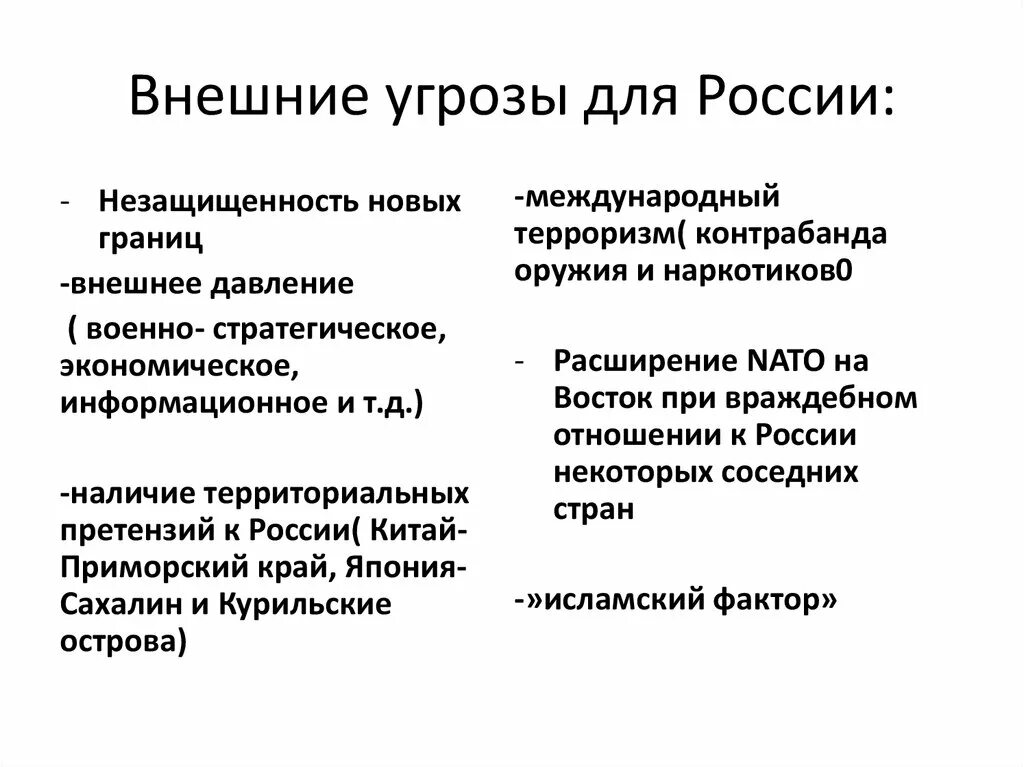 Примеры угрозы россии. Внешняя угроза. Внешние угрозы РФ. Внешние и внутренние угрозы РФ. Внешние угрозы безопасности России.