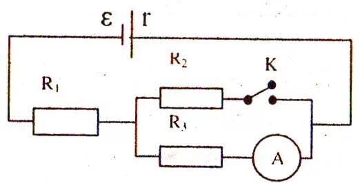 Амперметр показывает ток 1 а.. Электрическая цепь r1 r2 амперметр. 4 Резистора 1 источник амперметр 2 ключа схема. ЭДС при разомкнутом Ключе.