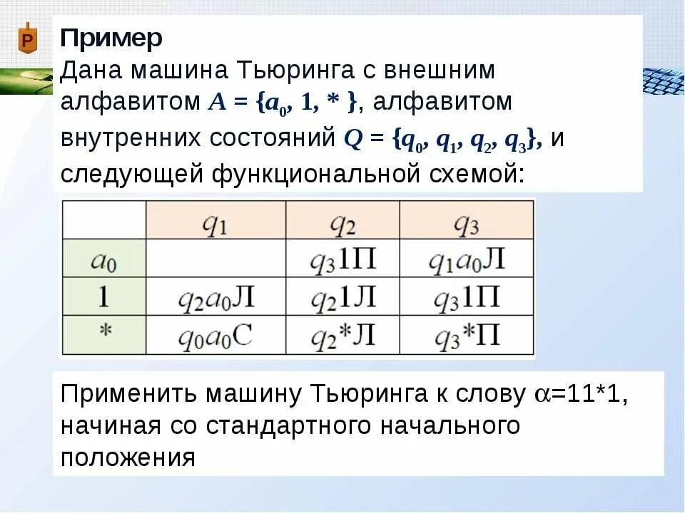 Пример работы машины Тьюринга. Алфавит машины Тьюринга. Внешний алфавит машины Тьюринга. Внутренний алфавит машины Тьюринга.