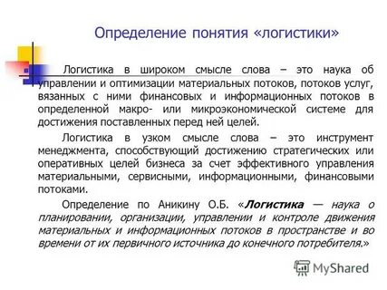 Определение и понятие логистики