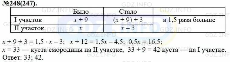 Математика 4 2 часть номер 248. На первом участке было посажено на 9 кустов смородины больше. На первом участке на 9 кустов смородины больше чем на втором если. Алгебра 7 класс номер 248.