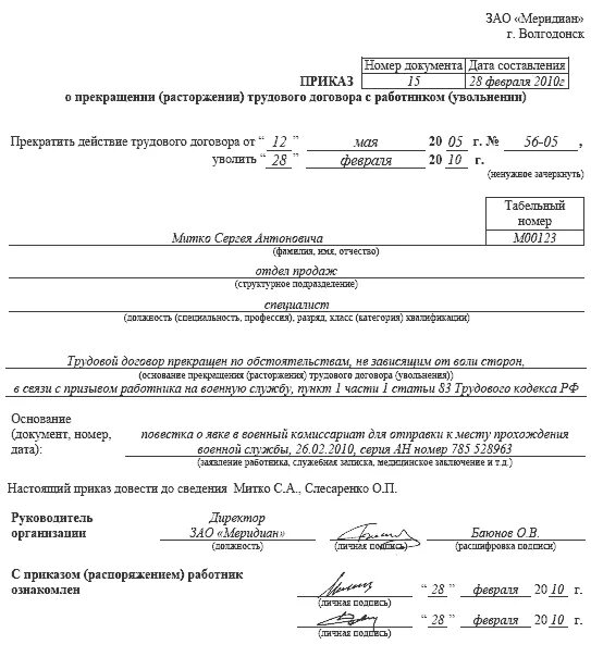 Уведомление военкомат об увольнении работника