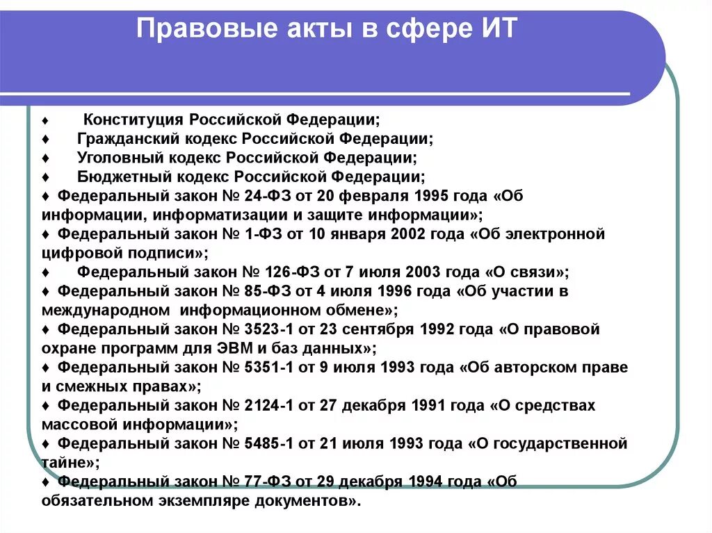 Обеспечение информационной безопасности нормативно правовые акты. Нормативно-правовая база в области информационных технологий. Основные нормативно-правовые акты. Основные законодательные акты. Основные нормативные акты в информационной сфере.