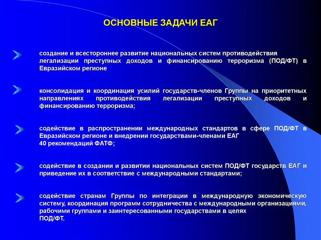 Международные организации в сфере под фт. Задачи ЕАГ. Задачи фатф. Эволюции национальной системы противодействия легализации.