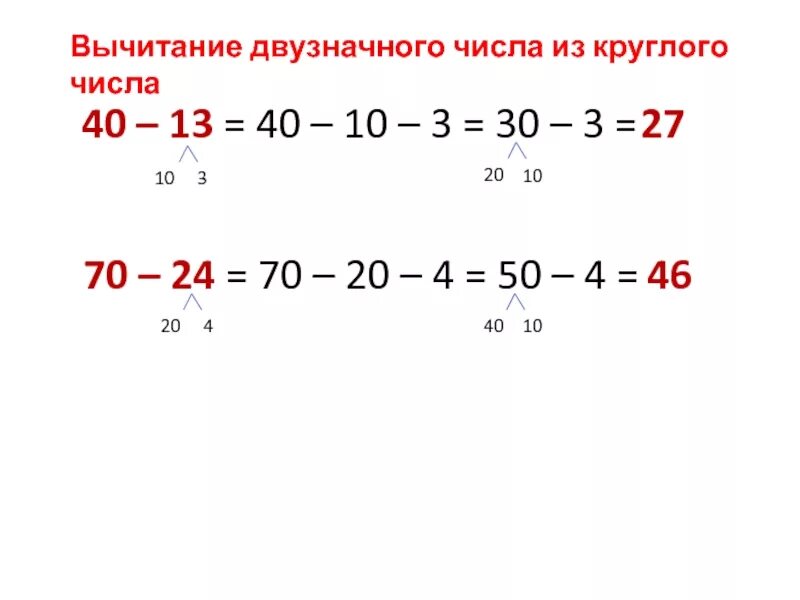 Математика решать двузначных чисел. Вычитание круглых десятков из двузначных чисел 2 класс. Как научить ребёнка вычитать из двузначного числа двузначные 2 класс. Как объяснить ребенку вычитание двузначных чисел 2 класс. Вычитание из круглых чисел 2 класс.