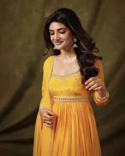 Sreeleela in yellow Anarkali dress photos.