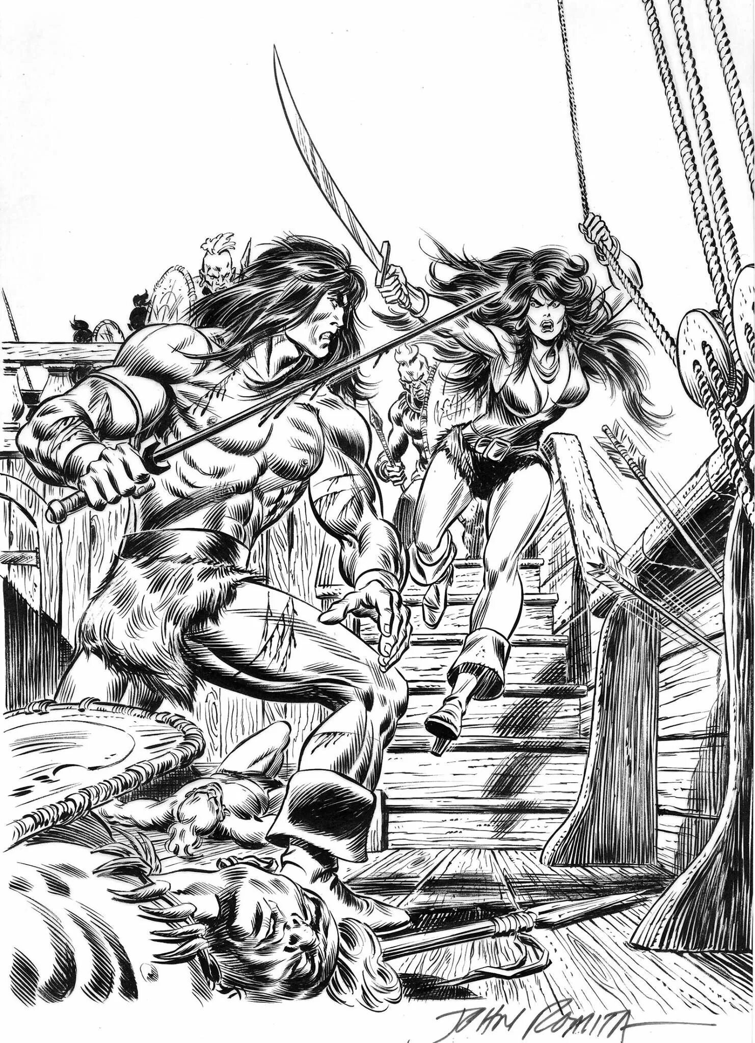 Варвары похищают принцессу. Комиксы черно-белые Conan the Barbarian. Месмера Конан. Конан и Бэлит. Конан варвар амазонки.