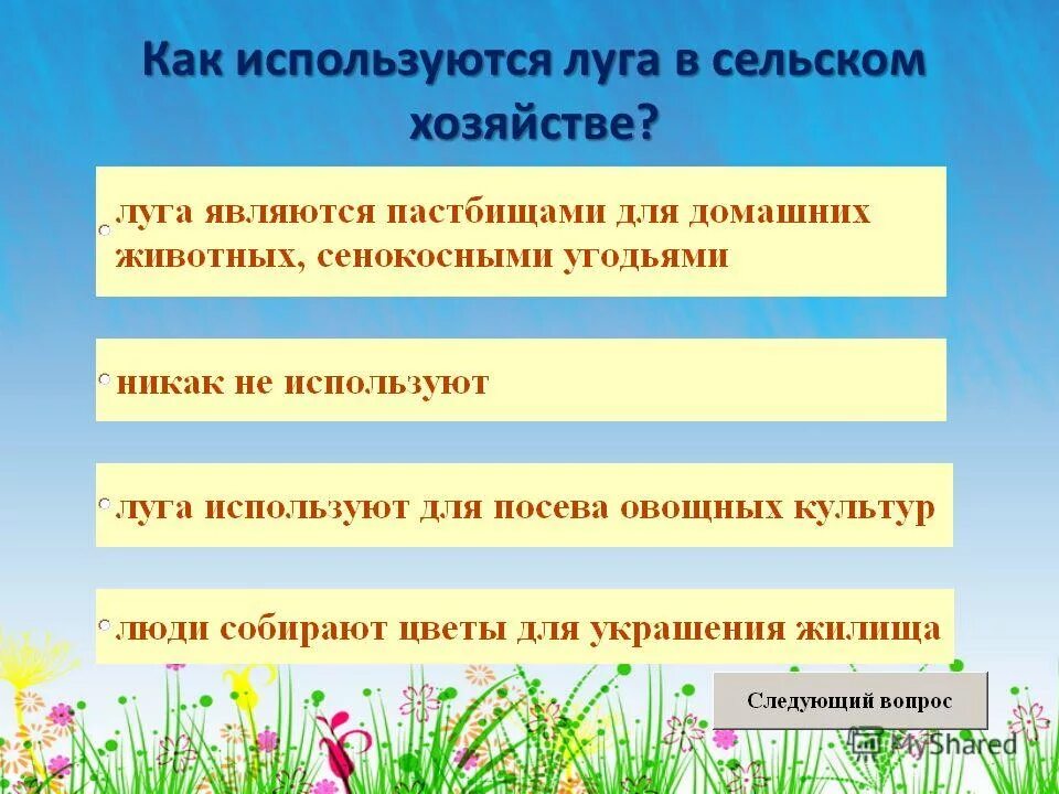 Презентация на тему: "Тест по теме "Луг - природное сообщество" Шумыло Ю.Ю., учи