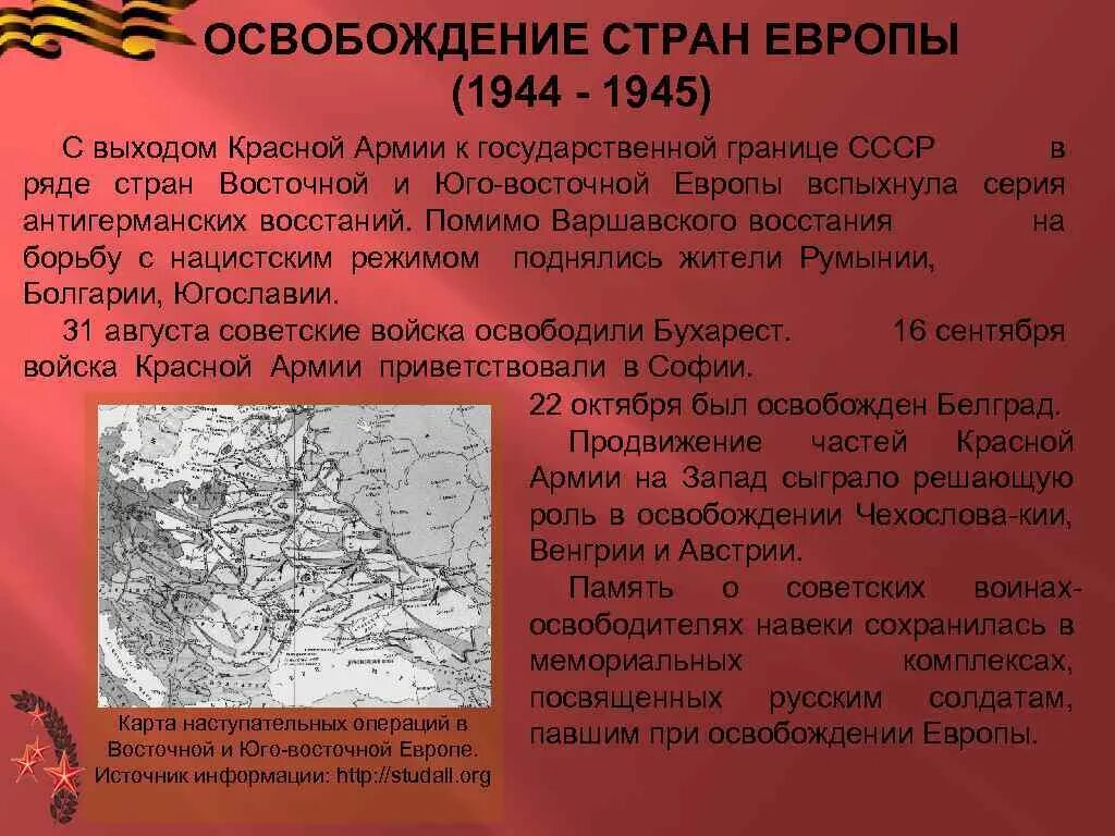 Назовите дату окончания отечественной войны. Освобождение Европы 1944 1945 таблица. Освобождение Восточной Европы 1944-1945 кратко. Освобождение Восточной Европы ВОВ. Освобождение красной армией стран Европы.