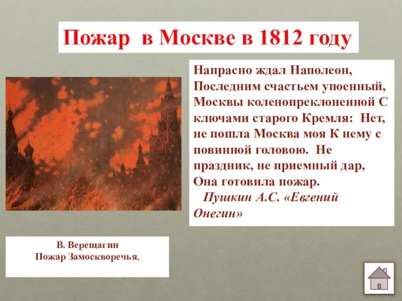 Причины московского пожара. Пожар в Москве 1812 Наполеон Верещагин. Наполеон пожар Москвы 1812. Пожар Москвы 1812г. Верещагин пожар Замоскворечья.