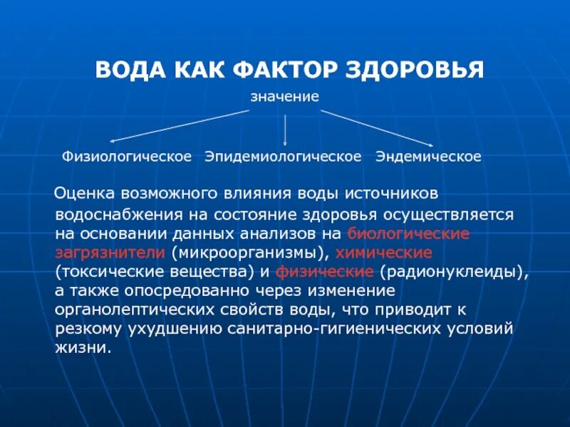 Вода как фактор здоровья. Вода как лечебный фактор. Вода как фактор влияния на здоровье населения. Эпидемиологическое и эндемическое значение воды. Факторы качества воды