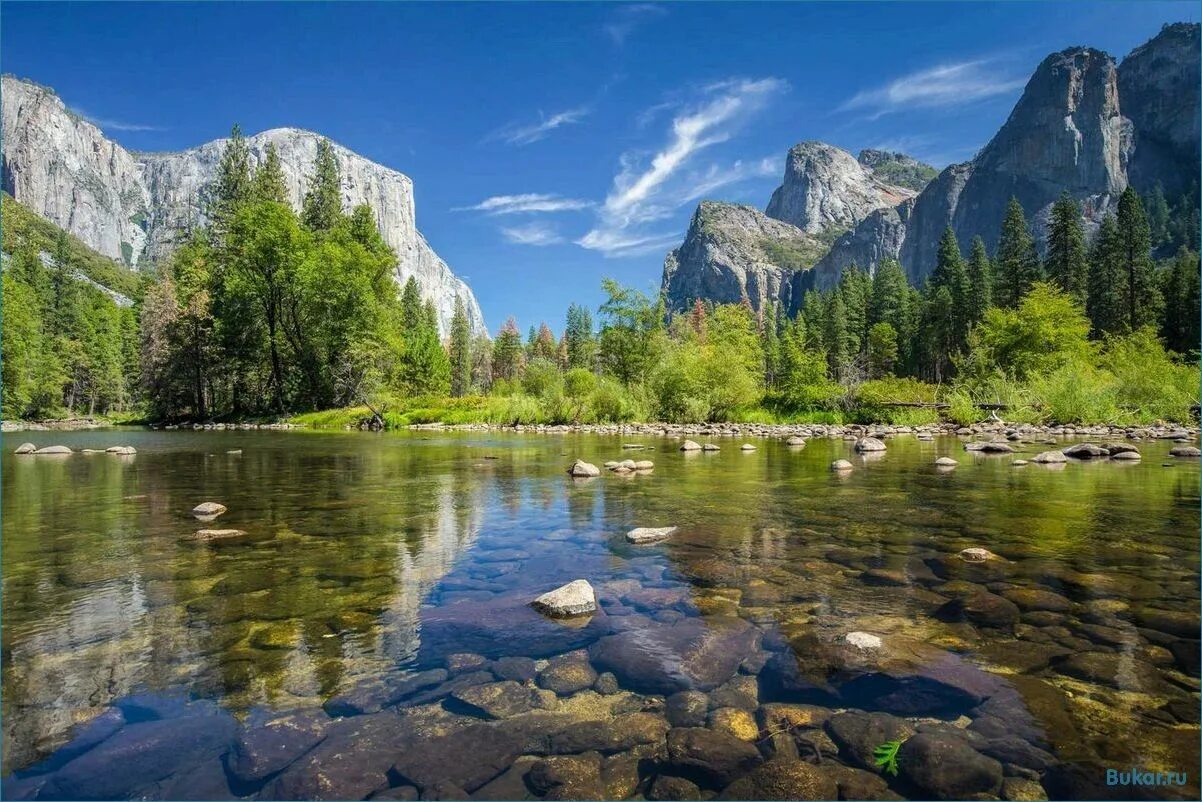 Местоположение и природа. Долина Йосемити, США. Национальный парк Йосемити Калифорния США. Река Мерсед, Йосемити, США..
