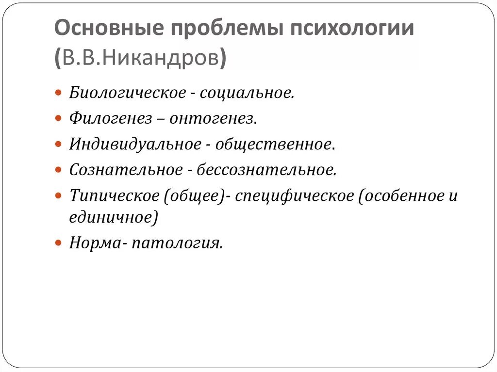 Общая психология проблемы. Проблемы психологии. Классификация Никандрова. В В Никандров психология. Основные задачи психологии по Никандрову.