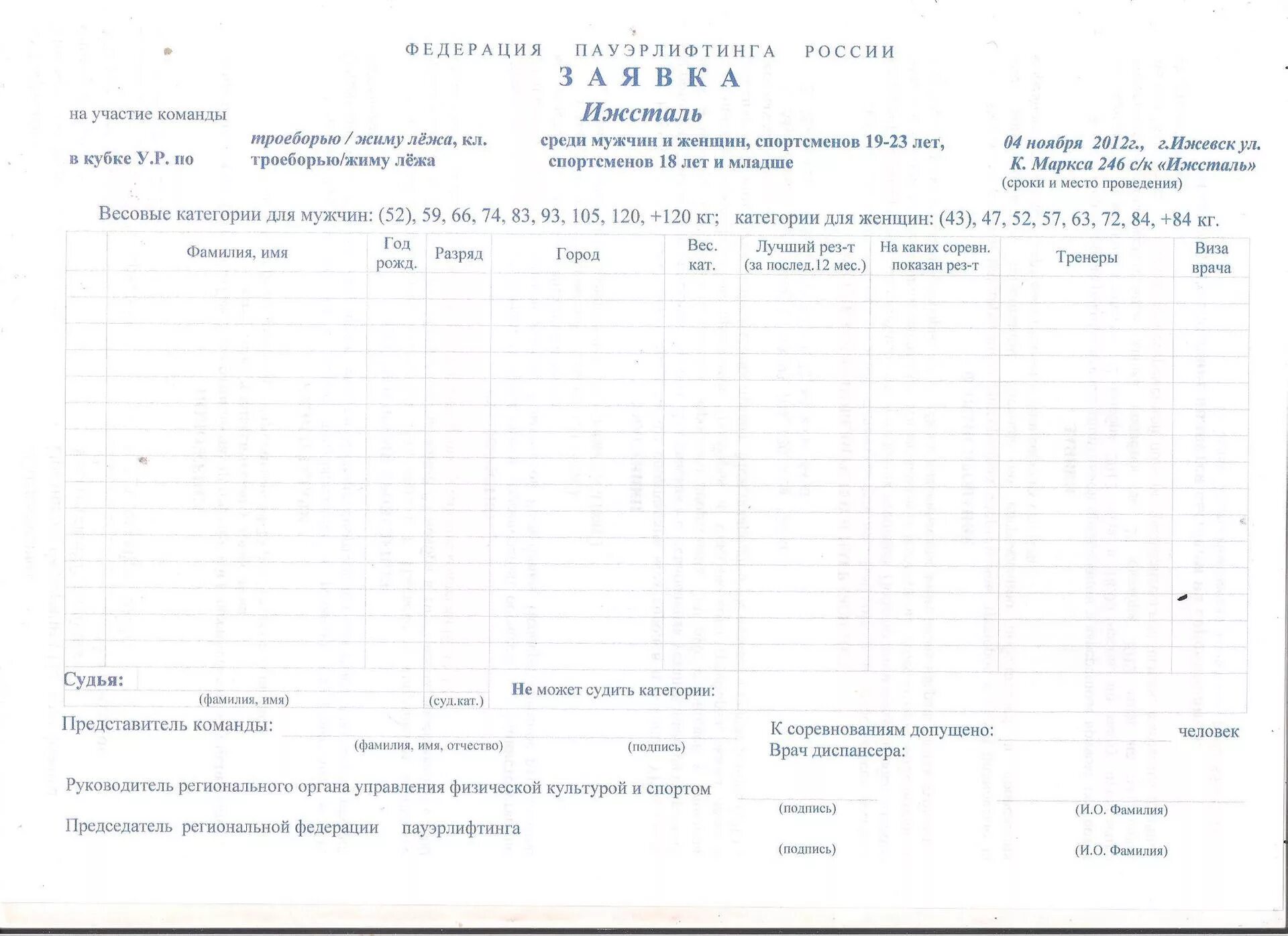 Согласие на участие в соревнованиях образец